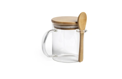 Mug en verre Kipal de 420 ml avec cuillère et couvercle bambou